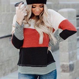Stylish Color-Block & Stripes Long Sleeve T-Shirt